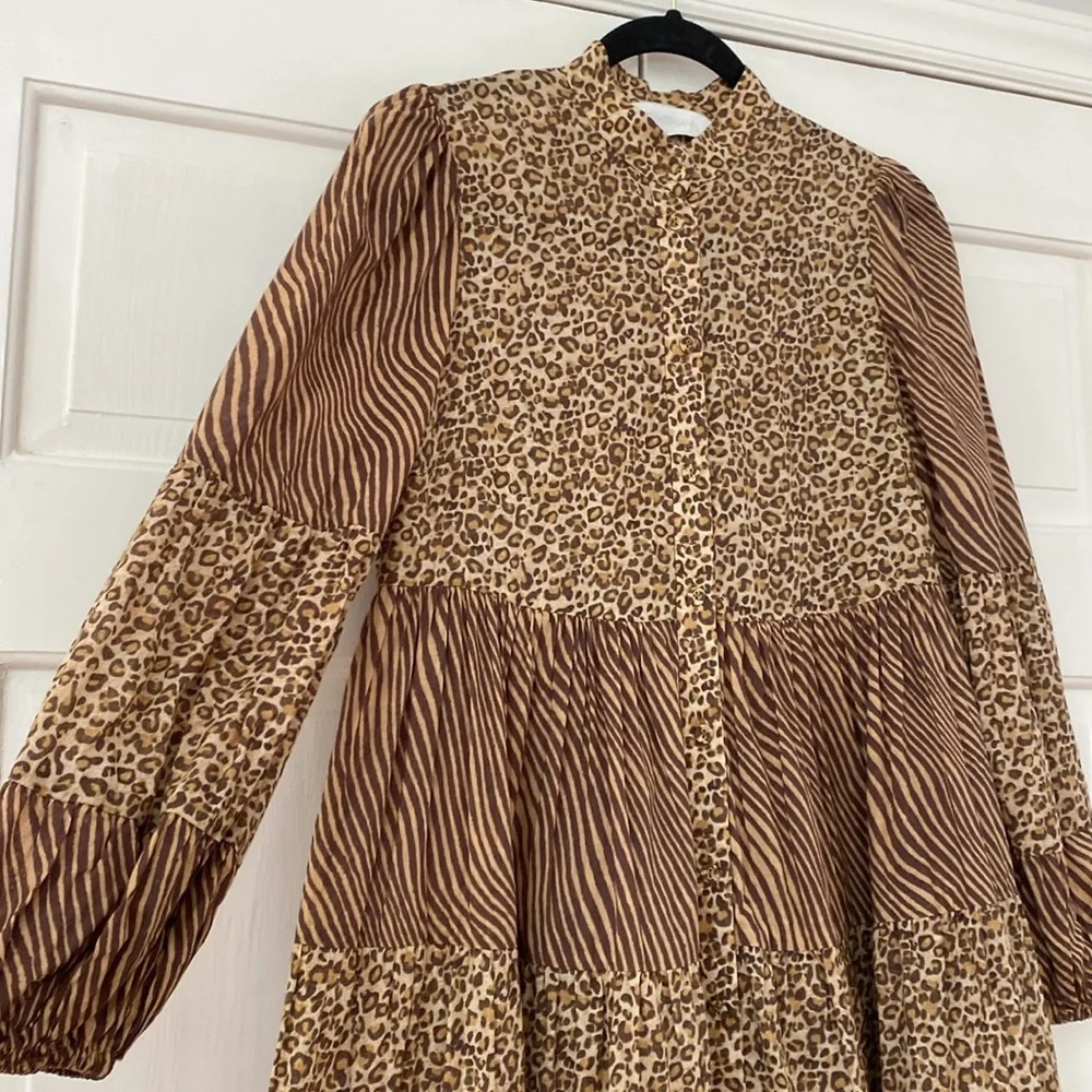 Zimmerman Empire Tiered Dress in Spliced Animal Print in Brown Maxi Dress Size 0 - Picture 8 of 13